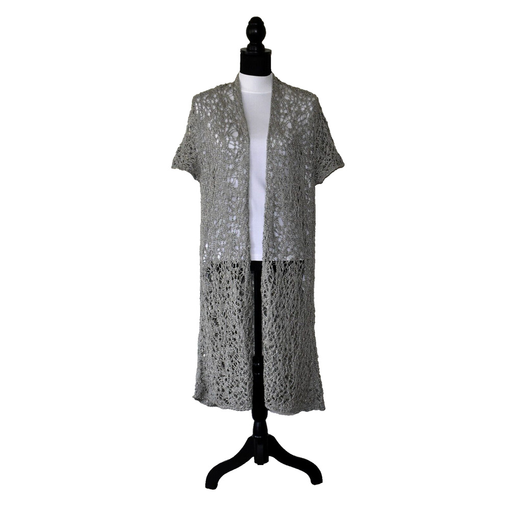 EILEEN FISHER Gray Rustic Luster Open Weave Short Sleeve Cardigan Size L